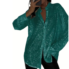 Elegant Women's Sequin Shirt - Stylish Long Sleeve Button-Up Blouse With Glitter Details, Perfect For Party & Casual To Formal Wear (Option: Green-XXL)