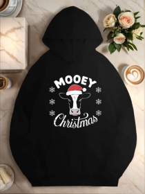 Plus Size Casual Hooded Sweatshirts For Women, Geometric Moose Christmas Pattern, With Pocket, For Fall Winter (Option: Black-2XL)