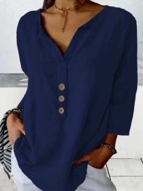 Solid Color Notched Collar Shirt Casual Button-down Shirt (Option: Dark blue-XL)