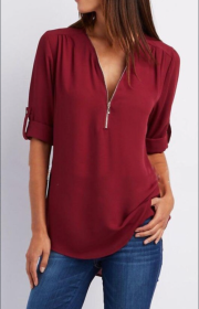 Ruched Half Zip Solid V Neck Casual Blouse, Rollable Sleeve Women's Clothing (Option: Burgundy-S)