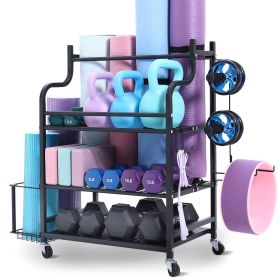 Yoga Mat Storage Rack, Home Gym Workout Equipment Organizer, Powder Coated Finish Steel Yoga Mat Holder with Hooks & Wheels, Weight Rack for Dumb (Size - Length: 30.5 inch)