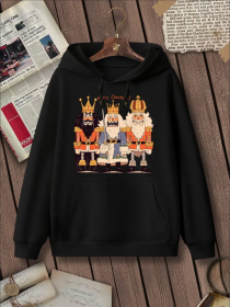 Women'S Fashion Christmas Nutcracker King And Knight Print Hoodies Long Sleeve Hood Sweatshirt Loose Fit Tops Fall Streetwear (Option: Black-2XL)
