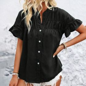 Women's Summer Casual Shirt - Button Front, Pleated Design With Lace Trim, Solid Color Top (Option: Black-L)