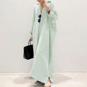 Womens Striped Long Sleeve Dress Casual Loose Button Down Maxi Shirt Dress (Option: Green-S)