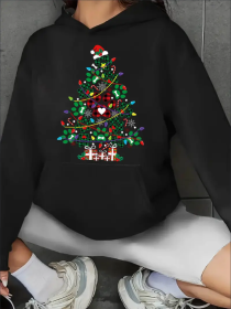 Women'S Christmas Tree Print Hoodie, Casual Sports Style With Kangaroo Pocket, All-Season Fashion Hooded Pullover Sweatshirt (Option: Black-L)