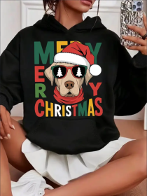 Women'S Casual Christmas Dog Graphic Hoodie,  Hooded Long Sleeve Sweatshirt,With Kangaroo Pocket, For All Seasons (Option: Black-M)