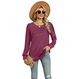 Solid Color U-neck Pleated Long-sleeved T-shirt Top For Women (Option: Wine red-S)