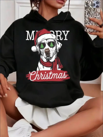 Women'S Casual Christmas Dog Print Hoodie With Kangaroo Pocket,Long Sleeve, Hooded Sweatshirt For All Seasons (Option: Black-M)