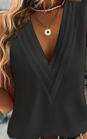 Ruched V Neck Blouse, Casual Sleeveless Solid Versatile Blouse, Women's Clothing (Option: Black-S)