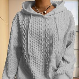 Women's Solid Color Ribbed Design Long Sleeve Hoodie - Loose Fit Drawstring Pullover For Fall & Winter Casual Wear (Option: Light gray-XXL)