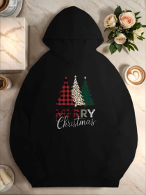 Plus Size Merry Christmas Tree Hoodie, Casual Style, Geometric Pattern, With Pocket Detail, For Women, Fall Winter Season Active Hooded Sweatshir (Option: Black-M)