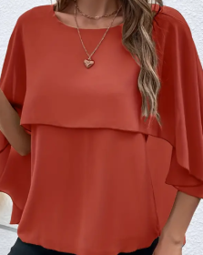 Solid Layered Cloak Sleeve Blouse, Versatile Crew Neck Blouse For Spring & Fall, Women's Clothing (Option: Red Orange-3XL)