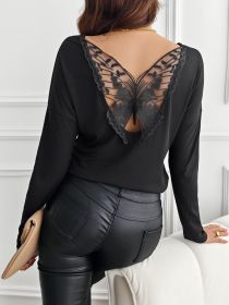 Women's Solid Color Back Stitching Pansy Rib Long-sleeved T-shirt (Option: Black-S)