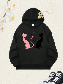 Women'S Christmas Cat Silhouette Print Hoodie, Casual Long Sleeve Pullover Hooded Collar, All-Season, Multi-Functional Hooded Sweatshirt With Poc (Option: Black-M)