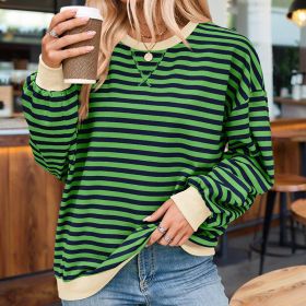 Women's Casual Crewneck Striped Long Sleeve Sweatshirt - Comfortable Loose Fit Ribbed Knit Top For Spring&Fall (Option: Blue green-M)