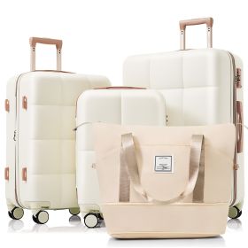 4-piece Suitcase Set With USB Port, Expandable ABS Durable Suitcase With Travel Bag, Cup Holder, With Spinner Wheels, Beige (Color: Beige)