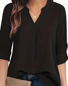 Chic Solid V-Neck Blouse - Fashionable Simplicity For Women - Relaxed Casual Long Sleeve Style (Option: Black-2XL)