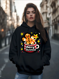 Women's Fashion Christmas Cute Cartoon Gingerbread Man Stars Coffee Mug Print Hoodies Long Sleeve Hood Sweatshirt Loose Fit Tops Fall Streetwear (Option: Black-S)