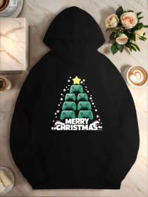 Plus Size Christmas Tree Video Game Graphics Hoodie, Casual Style, With Geometric Pattern, Fall Winter Hooded Sweatshirt With Pocket, For Women (Option: Black-2XL)