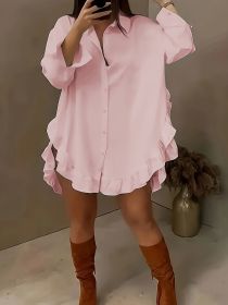 Hem Ruffled Casual Long Sleeve Shirt (Option: Pink-S)