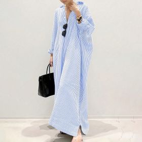 Womens Striped Long Sleeve Dress Casual Loose Button Down Maxi Shirt Dress (Option: Blue-XL)
