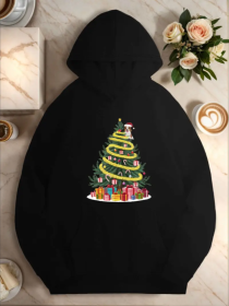 Plus Size Christmas Tree Active Hoodie For Women,  Casual Style, Geometric Pattern,With Pocket Detail, For Fall Winter Season Hooded Sweatshirt (Option: Black-XL)