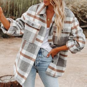 Plaid Button Flannel Woolen Shirt (Option: Light gray-S)