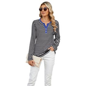 Women's V-neck Striped Loose Long-sleeved T-shirt Top (Option: Black And White Stripes-M)