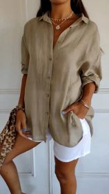 Lapel Long Sleeve Shirt Women's Single-breasted Pleated Shirt (Option: Khaki-M)