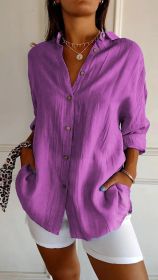 Lapel Long Sleeve Shirt Women's Single-breasted Pleated Shirt (Option: Purple-M)