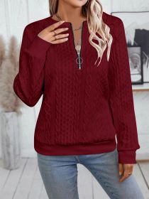 Casual Neckline Long-sleeve Zipper Sweaters Women's Clothing (Option: Wine Red-M)