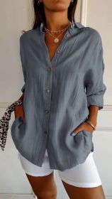 Lapel Long Sleeve Shirt Women's Single-breasted Pleated Shirt (Option: Gray-M)