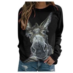 Loose Round Neck Donkey Head Floral Print Long Sleeve Pullover (Option: Black-M)