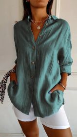 Lapel Long Sleeve Shirt Women's Single-breasted Pleated Shirt (Option: Peacock Green-M)