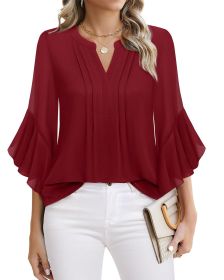 Lotus Leaf 34 Sleeve Top Solid Color Fashion (Option: Wine Red-M)