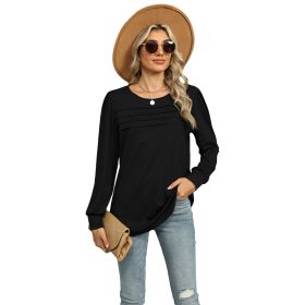 Solid Color U-neck Pleated Long-sleeved T-shirt Top For Women (Option: Black-M)