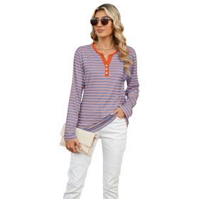 Women's V-neck Striped Loose Long-sleeved T-shirt Top (Option: Pink And Purple Stripes-M)