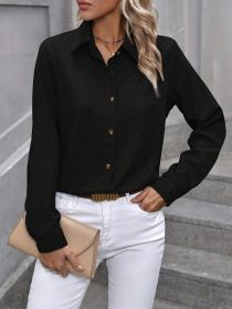 Women's Casual Single-breasted Solid Color Color Matching Long Sleeve Lapel Shirt (Option: Black-M)