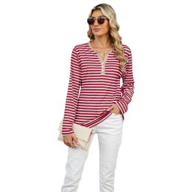 Women's V-neck Striped Loose Long-sleeved T-shirt Top (Option: Red Stripe-M)