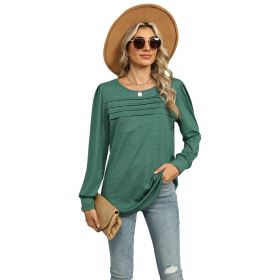 Solid Color U-neck Pleated Long-sleeved T-shirt Top For Women (Option: Dark Green-XXL)