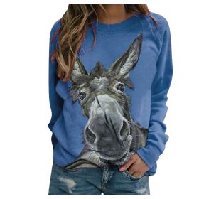 Loose Round Neck Donkey Head Floral Print Long Sleeve Pullover (Option: Blue-3XL)