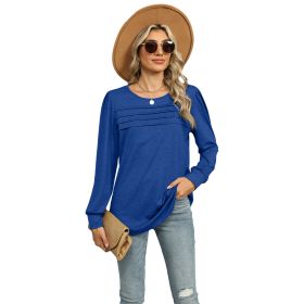 Solid Color U-neck Pleated Long-sleeved T-shirt Top For Women (Option: Colorful Blue-L)