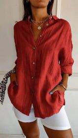 Lapel Long Sleeve Shirt Women's Single-breasted Pleated Shirt (Option: Red-XL)