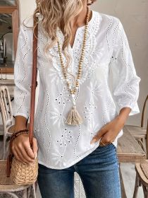 Loose V-neck Temperament Commute Embroidered Bell Sleeve Lace Top (Option: White-XXL)