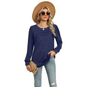 Solid Color U-neck Pleated Long-sleeved T-shirt Top For Women (Option: Navy Blue-XXL)
