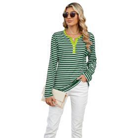 Women's V-neck Striped Loose Long-sleeved T-shirt Top (Option: Green Stripes-XXL)
