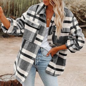 Plaid Button Flannel Woolen Shirt (Option: Black And White Plaid-L)