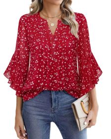 Lotus Leaf 34 Sleeve Top Solid Color Fashion (Option: Red-L)