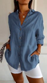 Lapel Long Sleeve Shirt Women's Single-breasted Pleated Shirt (Option: Blue-XS)