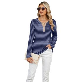 Women's V-neck Striped Loose Long-sleeved T-shirt Top (Option: Dark Blue Stripe-XXL)